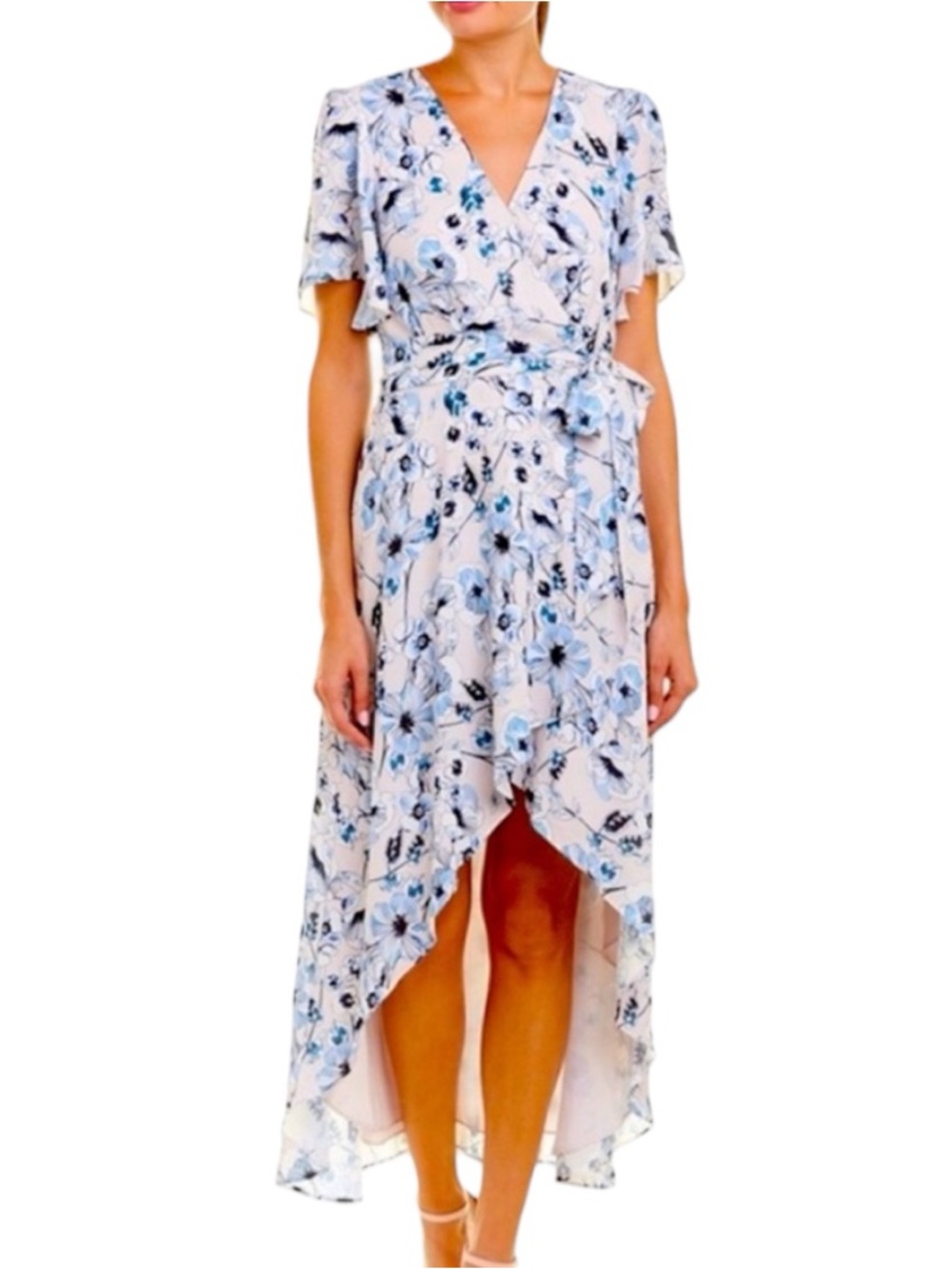 Parker Juliet Floral Wrap Dress Womens XS Blue High Low Wedding Guest